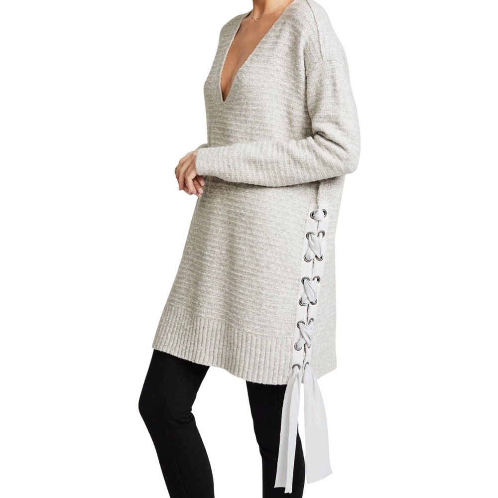 Free People Sweater Dress XS Ribbed Knit Lace Up Detail Size XS Casual Cozy Boho